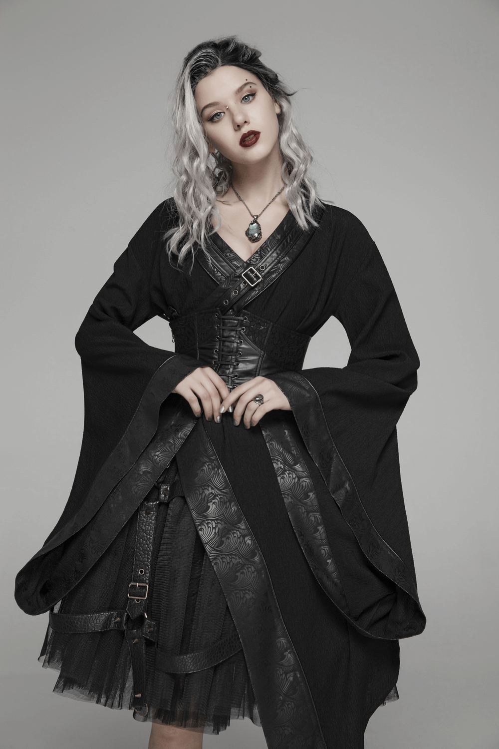 Gothic Wave Print Women's Kimono with Corset Detail - image 11