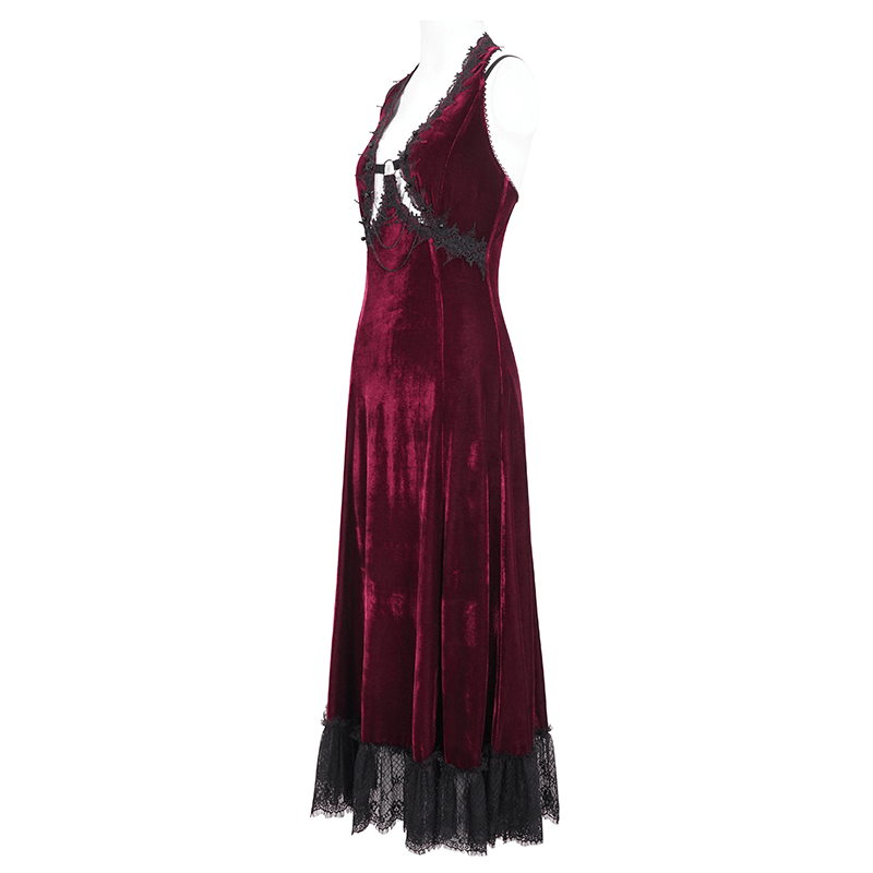 Gothic Wine Red Long Dress with Black Lace Hem and Sexy Cutout - image 4
