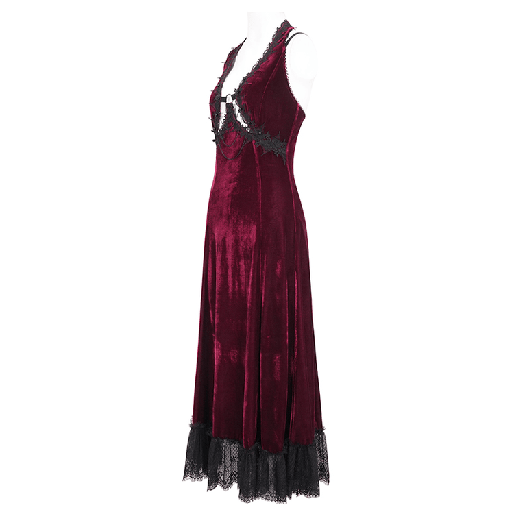 Gothic Wine Red Long Dress with Black Lace Hem and Sexy Cutout - image 4