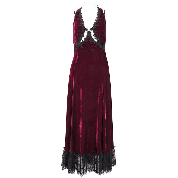 Gothic Wine Red Long Dress with Black Lace Hem and Sexy Cutout - image 3