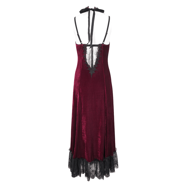 Gothic Wine Red Long Dress with Black Lace Hem and Sexy Cutout - image 5