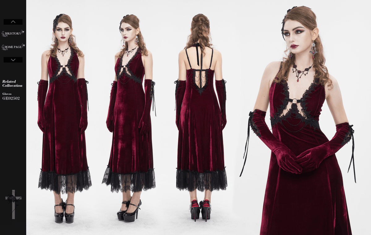 Gothic Wine Red Long Dress with Black Lace Hem and Sexy Cutout - image 15