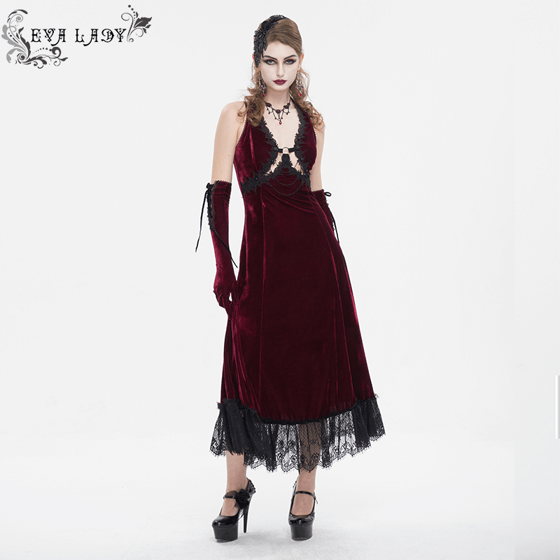 Gothic Wine Red Long Dress with Black Lace Hem and Sexy Cutout - image 12