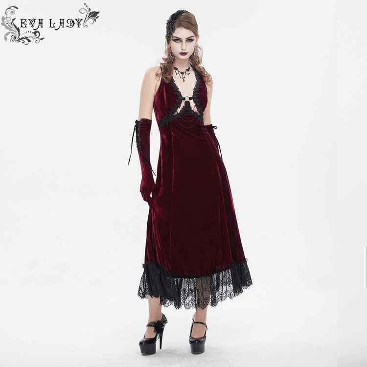 Gothic Wine Red Long Dress with Black Lace Hem and Sexy Cutout - image 12