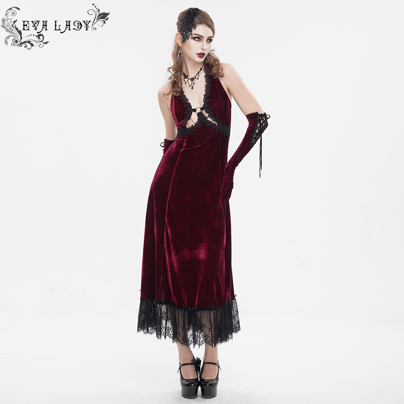 Gothic Wine Red Long Dress with Black Lace Hem and Sexy Cutout - image 13