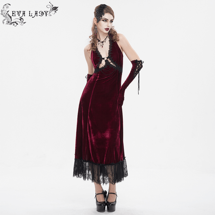 Gothic Wine Red Long Dress with Black Lace Hem and Sexy Cutout - image 13