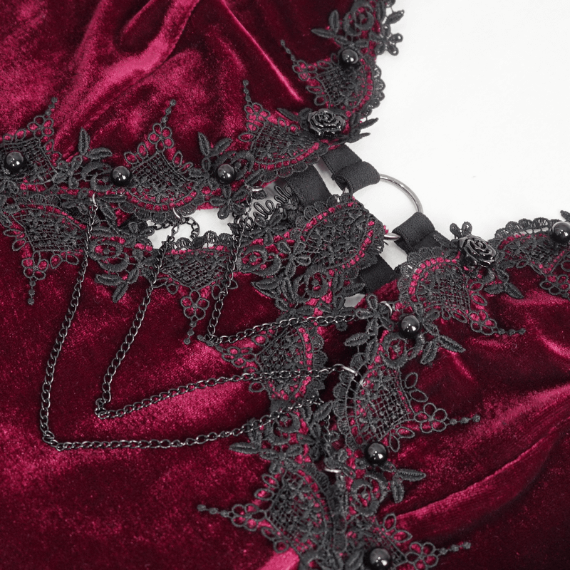 Gothic Wine Red Long Dress with Black Lace Hem and Sexy Cutout - image 8