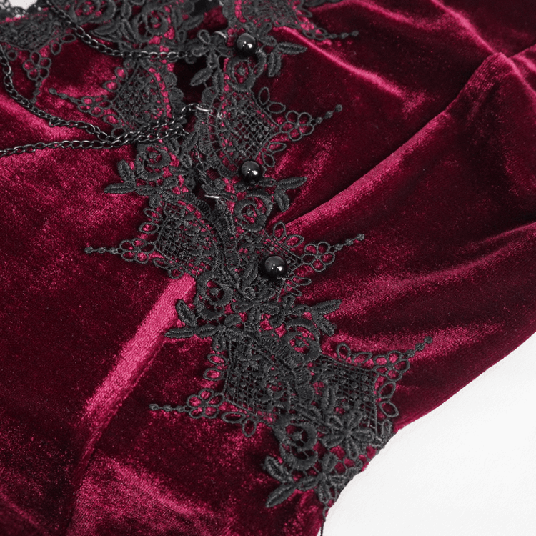 Gothic Wine Red Long Dress with Black Lace Hem and Sexy Cutout - image 9