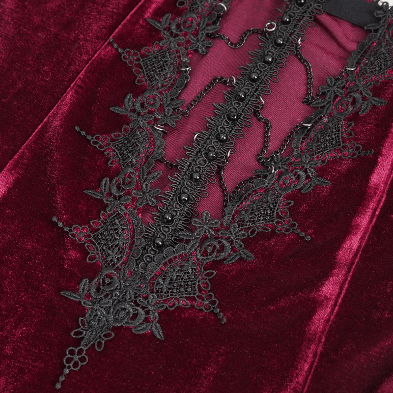 Gothic Wine Red Long Dress with Black Lace Hem and Sexy Cutout - image 10