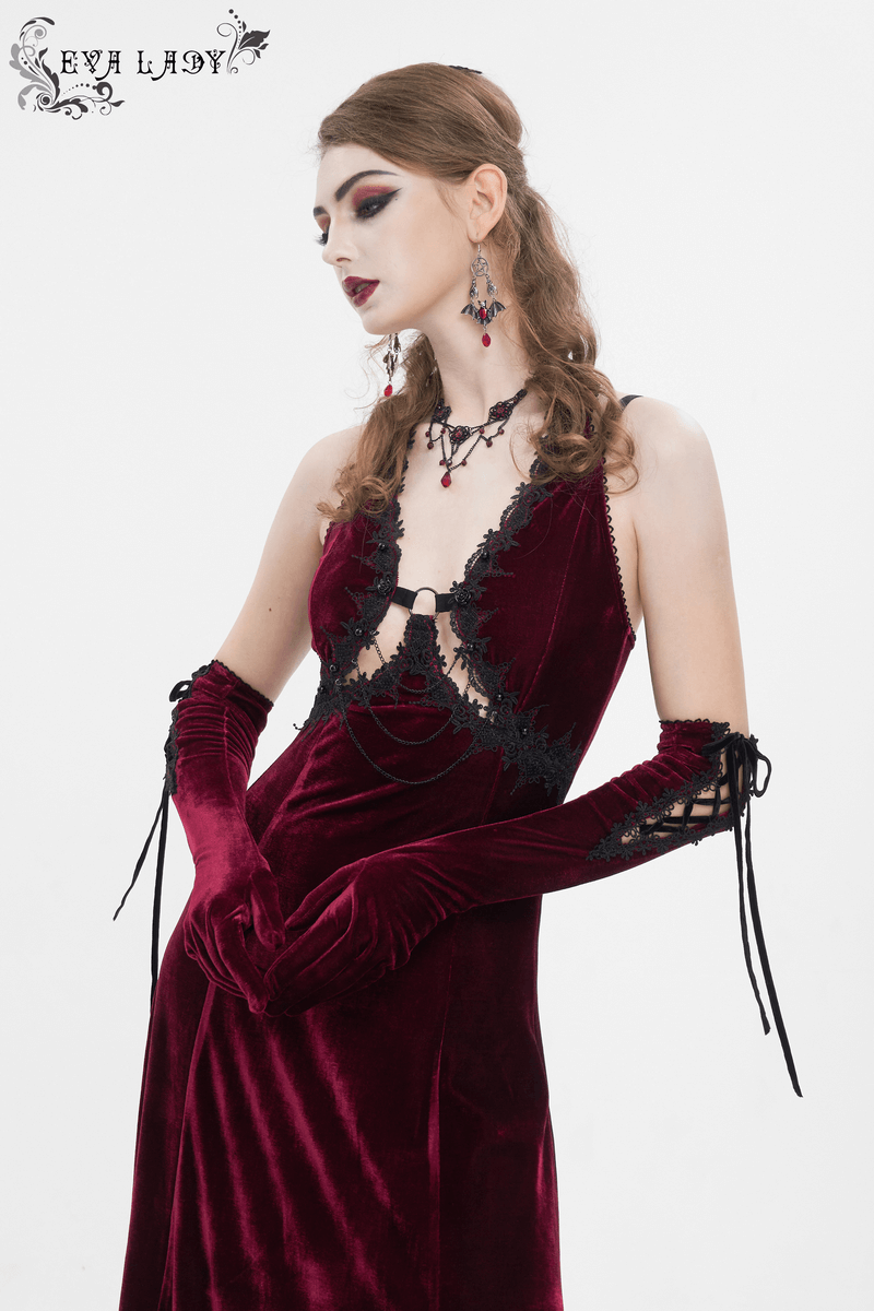 Gothic Wine Red Long Dress with Black Lace Hem and Sexy Cutout - image 11
