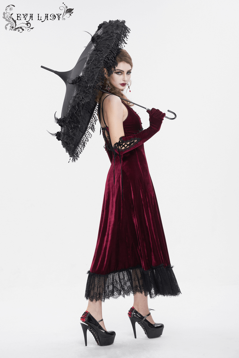 Gothic Wine Red Long Dress with Black Lace Hem and Sexy Cutout - image 14