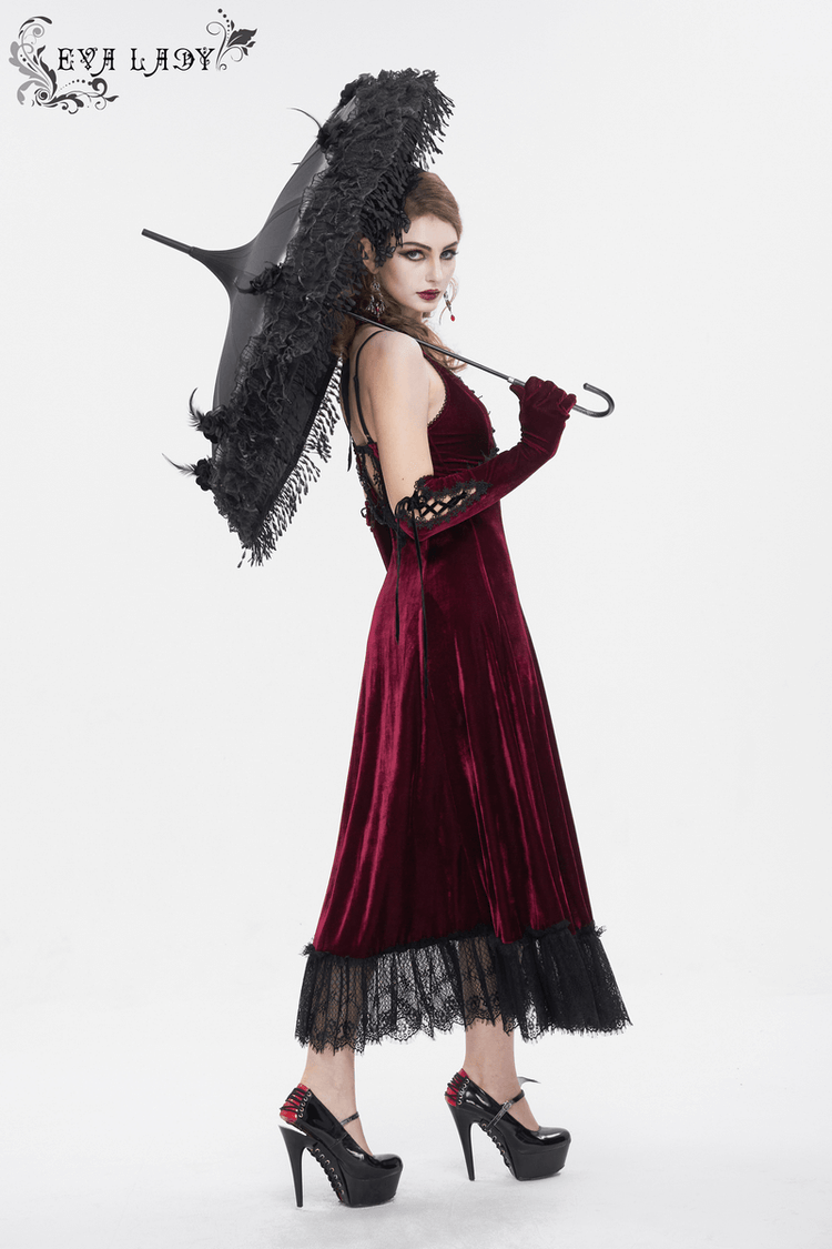 Gothic Wine Red Long Dress with Black Lace Hem and Sexy Cutout - image 14