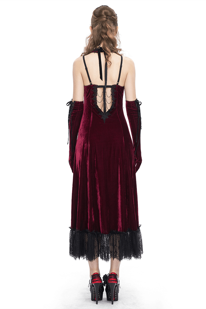 Gothic Wine Red Long Dress with Black Lace Hem and Sexy Cutout - image 2