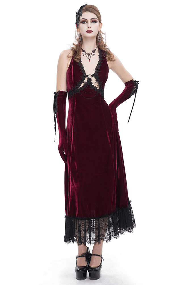 Gothic Wine Red Long Dress with Black Lace Hem and Sexy Cutout - image 1