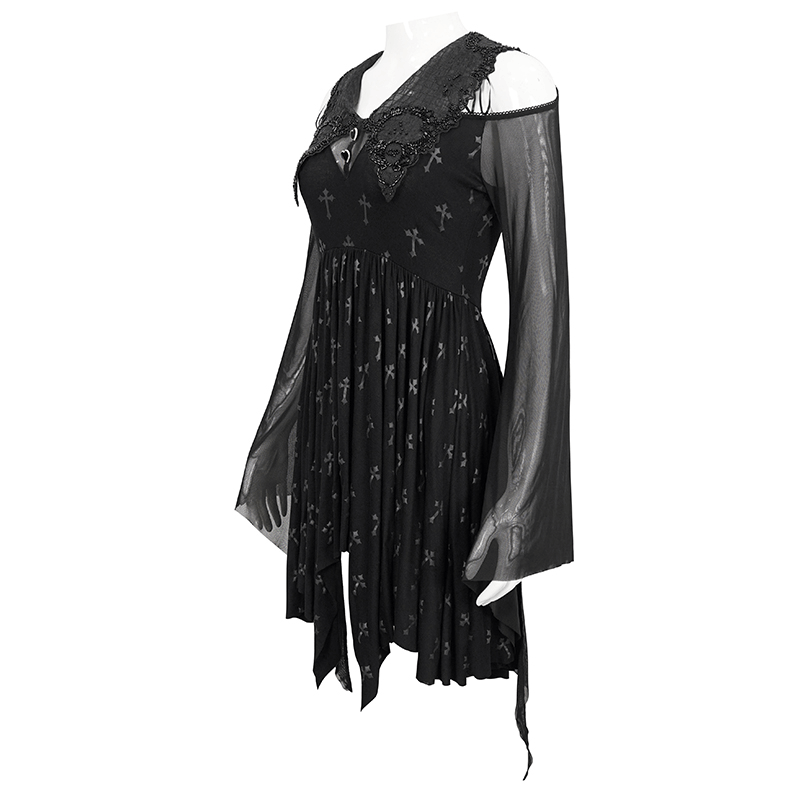 Gothic Women's Off Shoulder Cross Printed Dress / Elegant Ladies Asymmetric Dresses - image 5