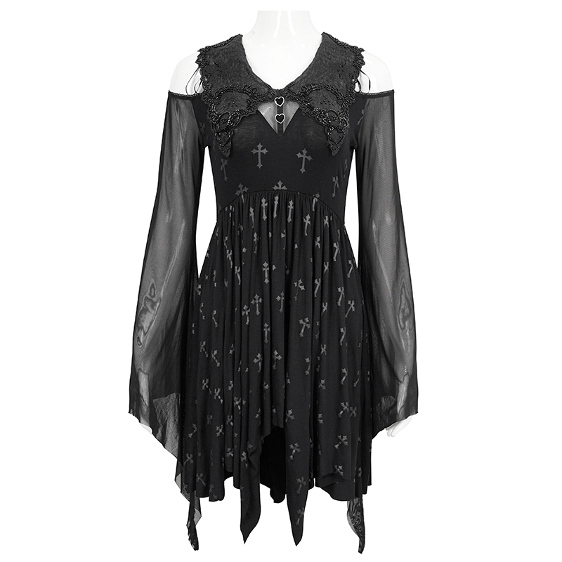 Gothic Women's Off Shoulder Cross Printed Dress / Elegant Ladies Asymmetric Dresses - image 3