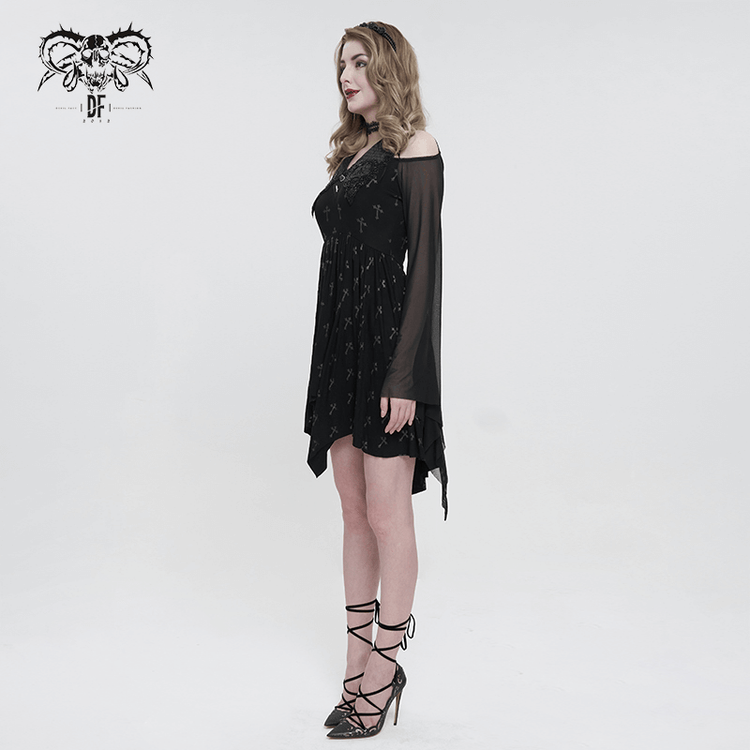 Gothic Women's Off Shoulder Cross Printed Dress / Elegant Ladies Asymmetric Dresses - image 7