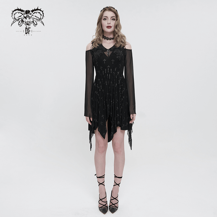 Gothic Women's Off Shoulder Cross Printed Dress / Elegant Ladies Asymmetric Dresses - image 6