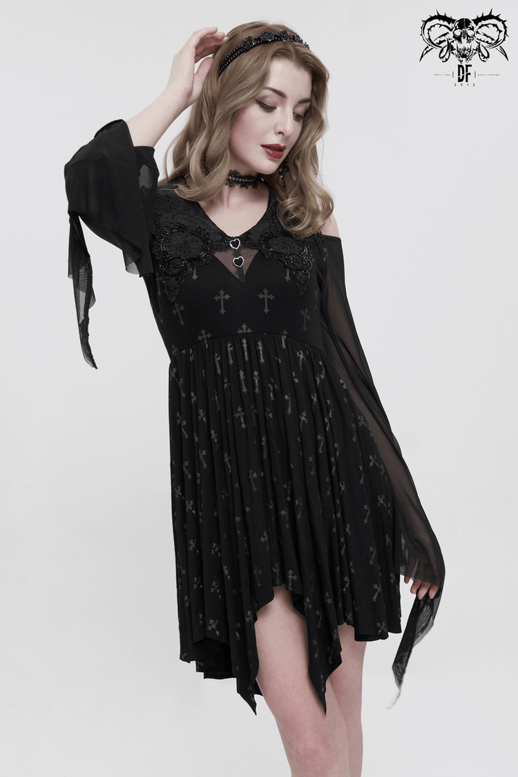 Gothic Women's Off Shoulder Cross Printed Dress / Elegant Ladies Asymmetric Dresses - image 10