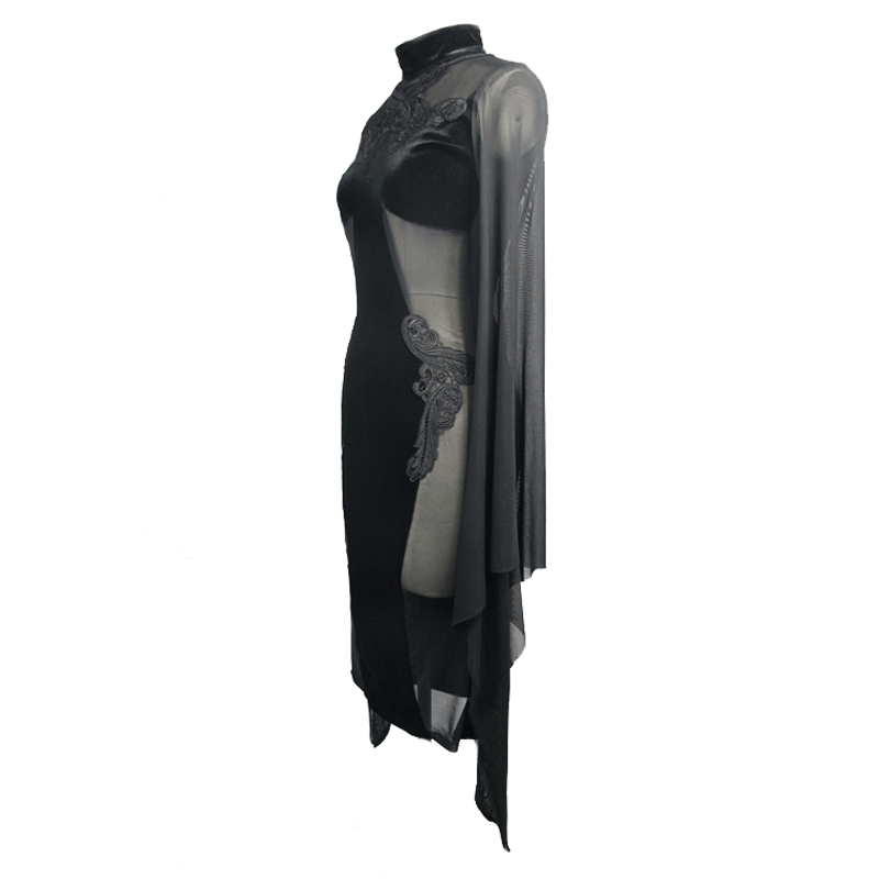 Gothic Women's Black Midi Dress / Elegant Velvet Dress with Transparent Sides & Flared Sleeves - image 4