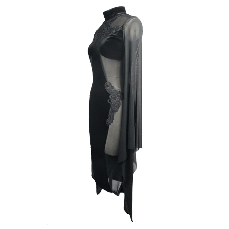Gothic Women's Black Midi Dress / Elegant Velvet Dress with Transparent Sides & Flared Sleeves - image 4