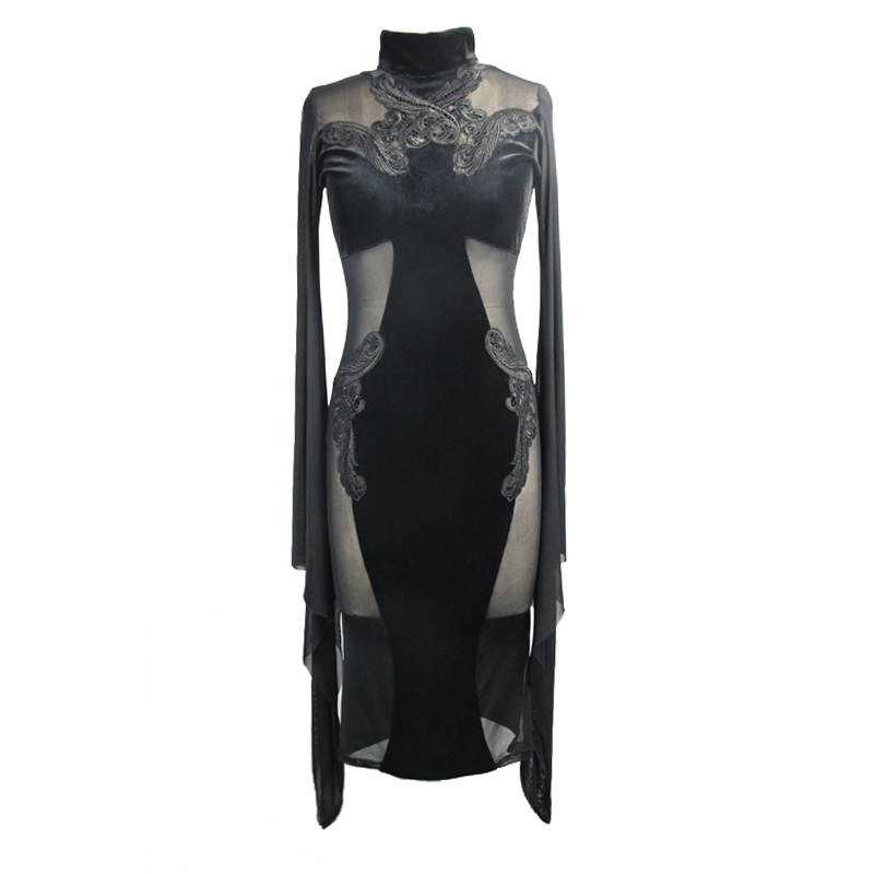 Gothic Women's Black Midi Dress / Elegant Velvet Dress with Transparent Sides & Flared Sleeves - image 3