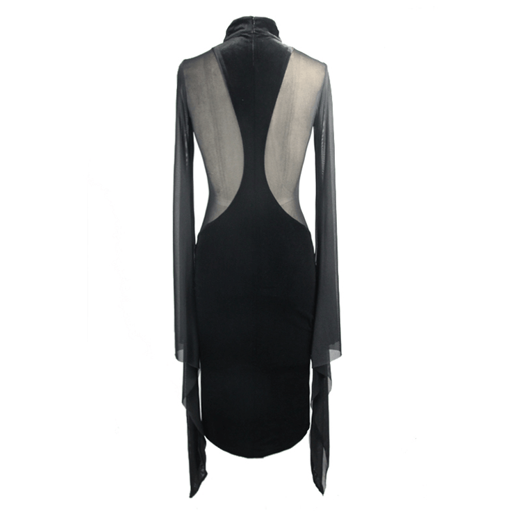 Gothic Women's Black Midi Dress / Elegant Velvet Dress with Transparent Sides & Flared Sleeves - image 5