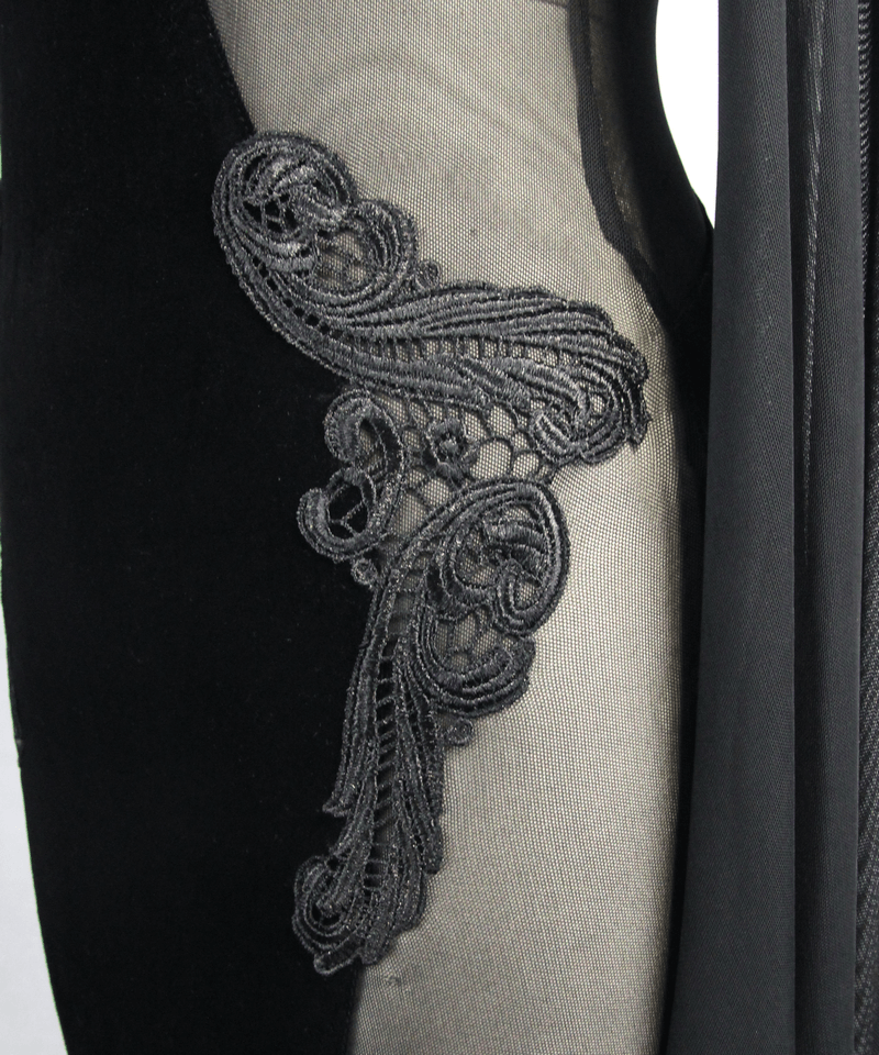 Gothic Women's Black Midi Dress / Elegant Velvet Dress with Transparent Sides & Flared Sleeves - image 7