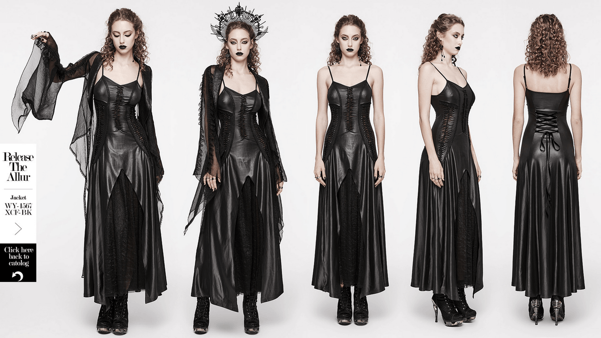 Gothic Women's Lace-Up Back Long Dress with Straps - image 20