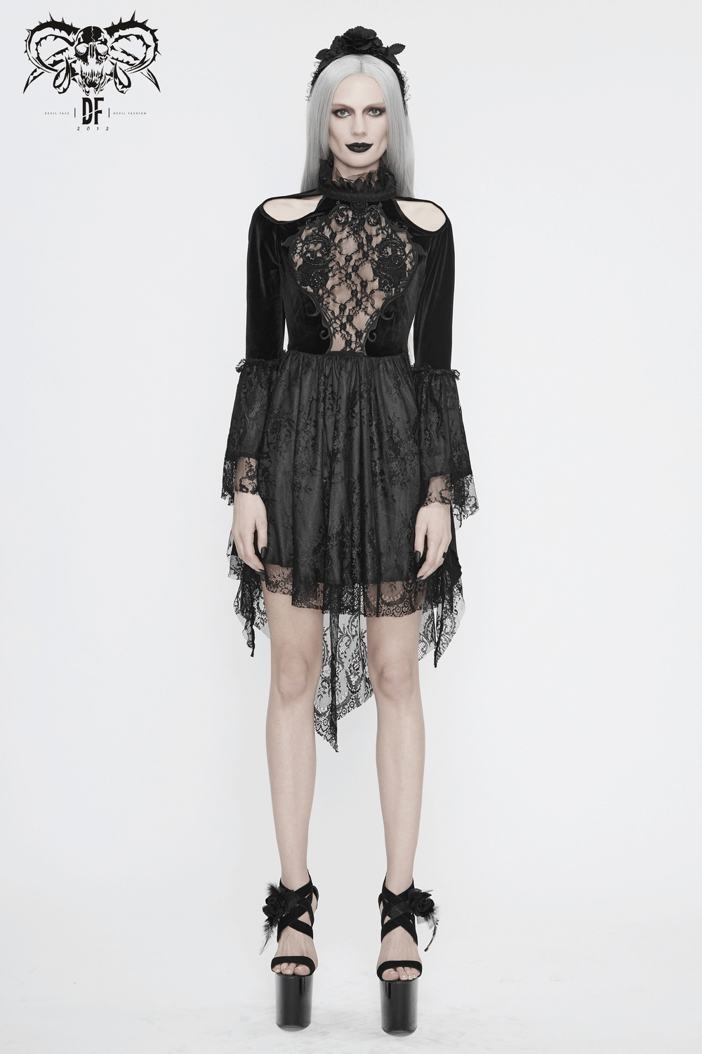 Gothic Women's Off-Shoulder Velvet Dress With Trumpet Sleeves - image 17