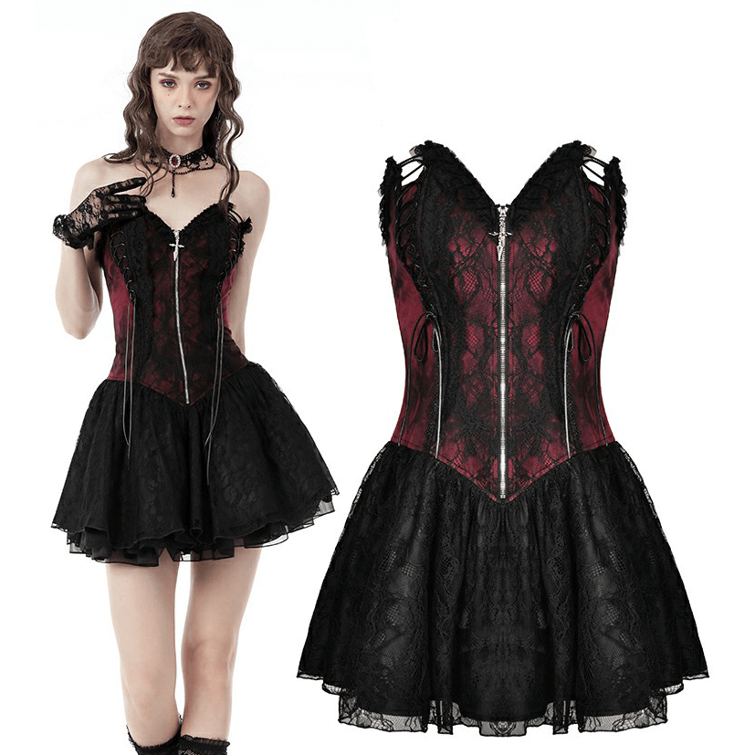 Gothic Zip Lace Corset Dress with Flared Skirt and Lace-Up - image 3
