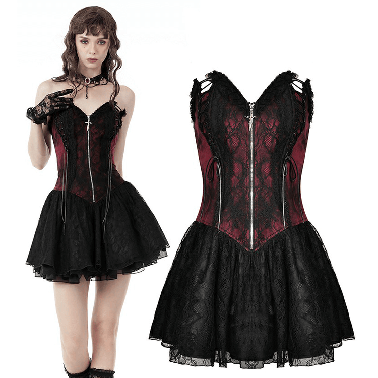 Gothic Zip Lace Corset Dress with Flared Skirt and Lace-Up - image 3