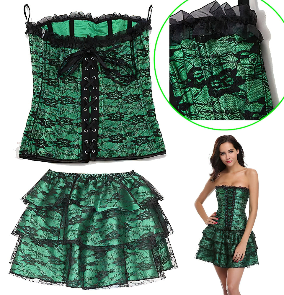 Green Corset Dress Suit / Lace Up With Skirt and Corset / Rave outfits - image 5