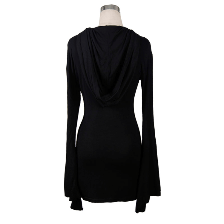 Hooded Black Mini Dresses / Gothic Flared Sleeves Short Dress / Female Alternative Fashion - image 5