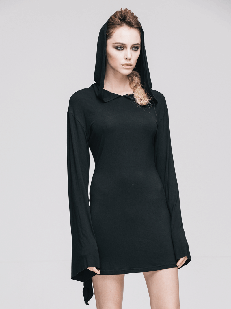 Hooded Black Mini Dresses / Gothic Flared Sleeves Short Dress / Female Alternative Fashion - image 9
