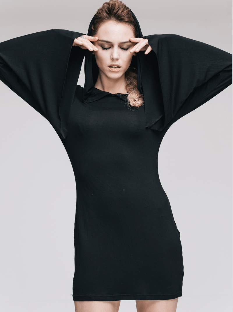 Hooded Black Mini Dresses / Gothic Flared Sleeves Short Dress / Female Alternative Fashion - image 10