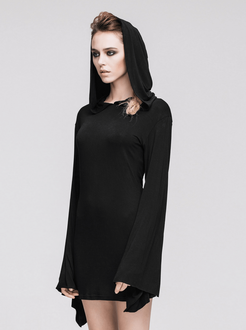 Hooded Black Mini Dresses / Gothic Flared Sleeves Short Dress / Female Alternative Fashion - image 12