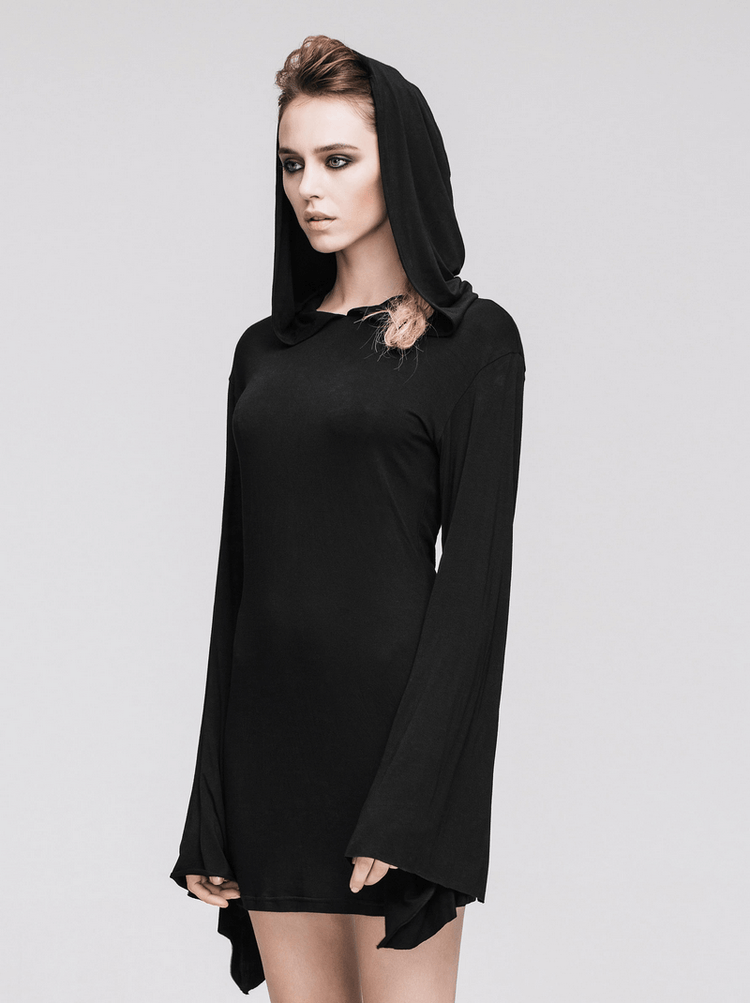 Hooded Black Mini Dresses / Gothic Flared Sleeves Short Dress / Female Alternative Fashion - image 12