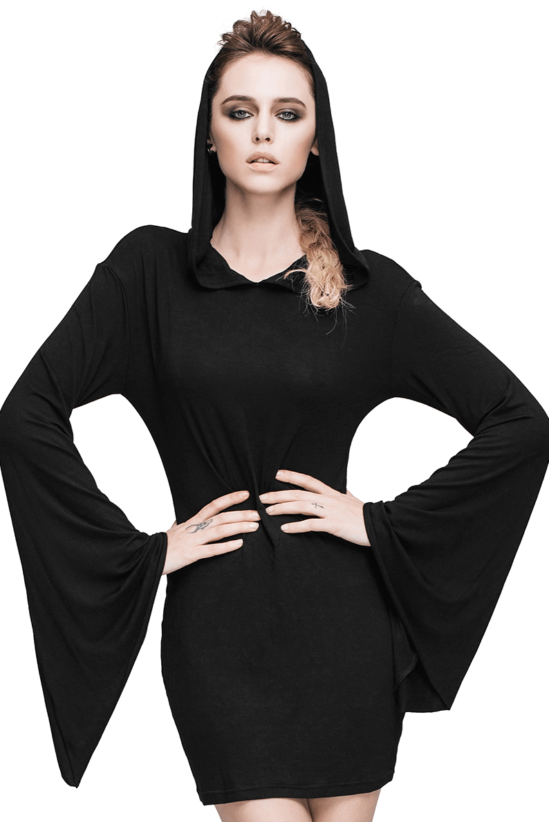 Hooded Black Mini Dresses / Gothic Flared Sleeves Short Dress / Female Alternative Fashion - image 1