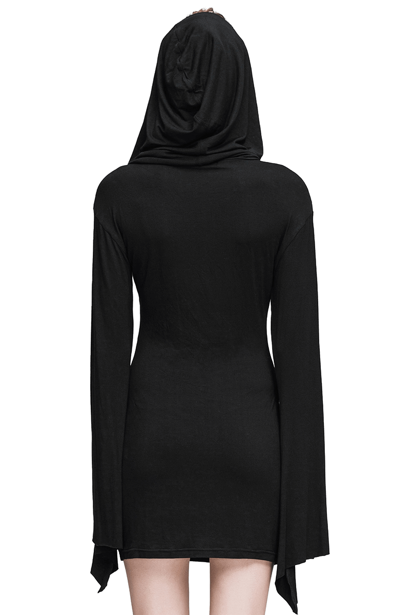 Hooded Black Mini Dresses / Gothic Flared Sleeves Short Dress / Female Alternative Fashion - image 2