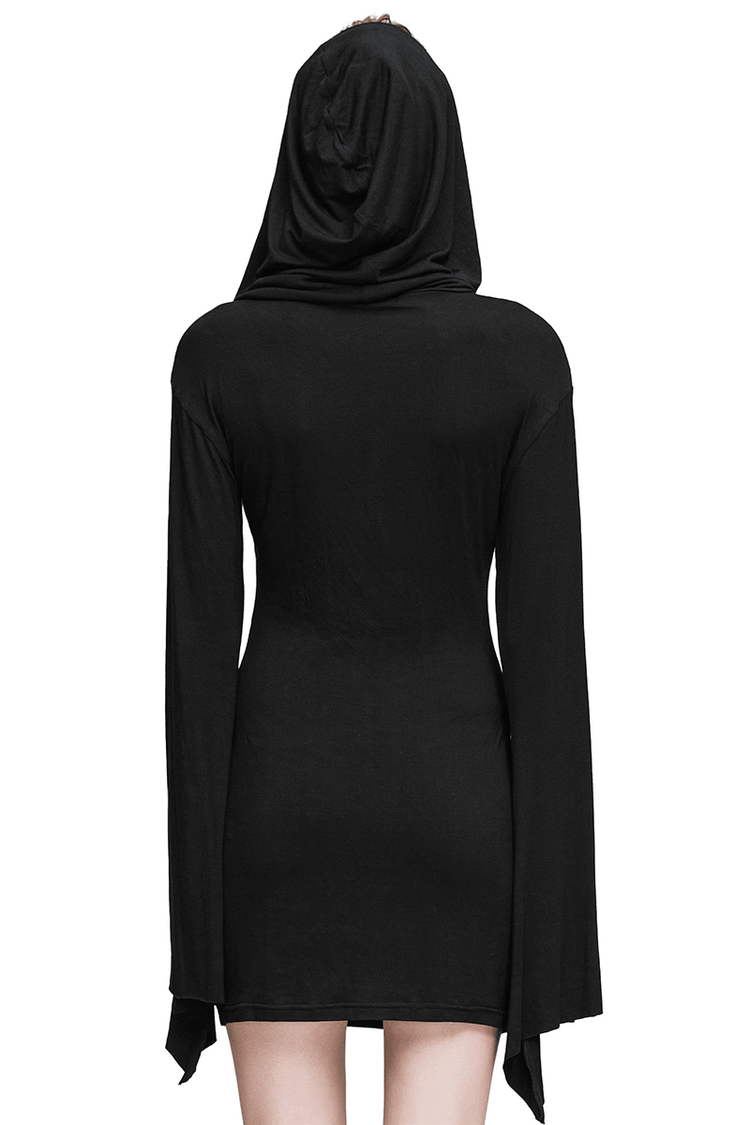 Hooded Black Mini Dresses / Gothic Flared Sleeves Short Dress / Female Alternative Fashion - image 2