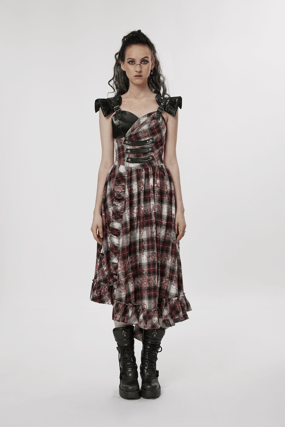 Irregular Hem Plaid Dress Adjustable Leather Straps - image 12