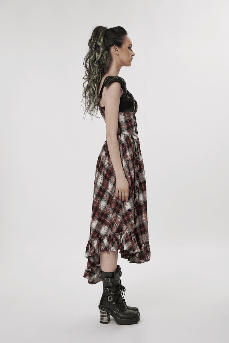Irregular Hem Plaid Dress Adjustable Leather Straps - image 14