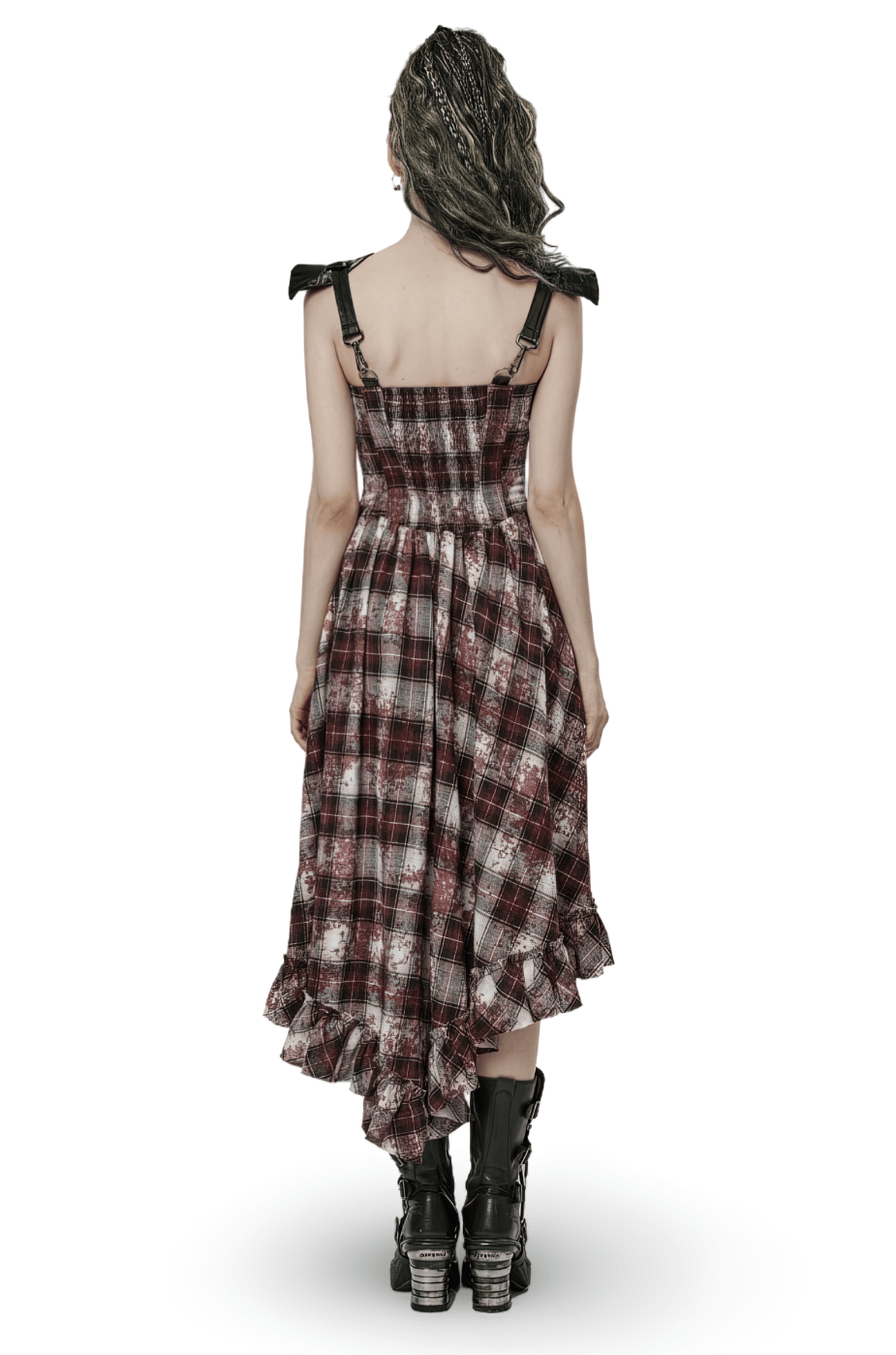Irregular Hem Plaid Dress Adjustable Leather Straps - image 2