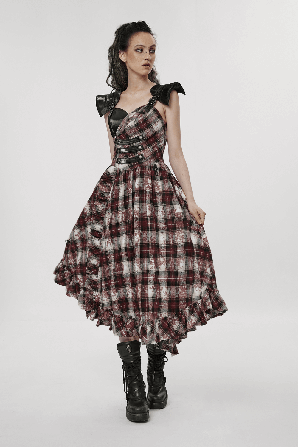 Irregular Hem Plaid Dress Adjustable Leather Straps - image 13