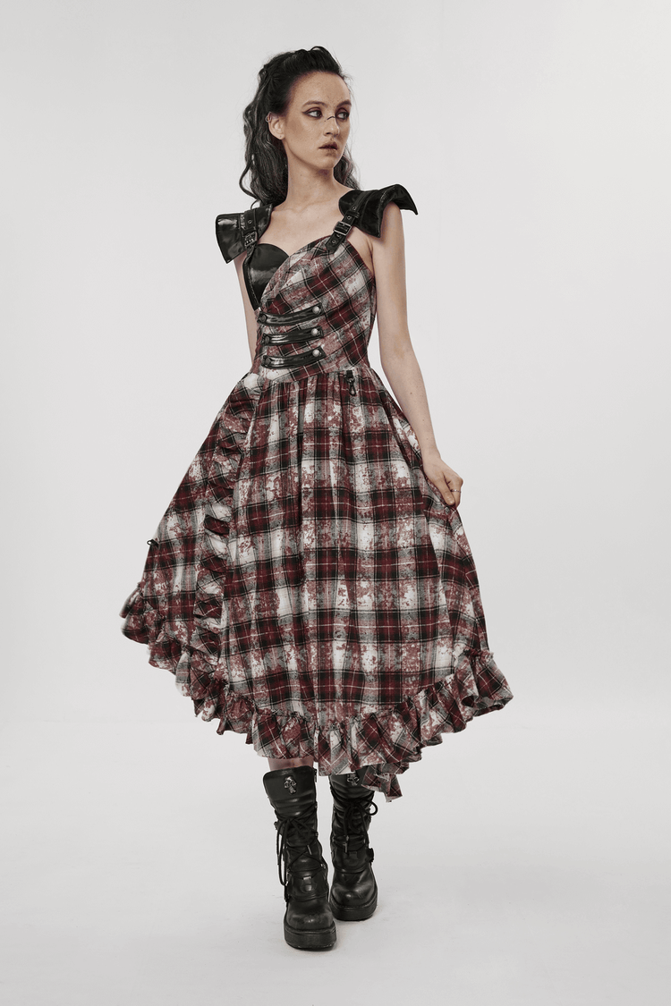 Irregular Hem Plaid Dress Adjustable Leather Straps - image 13