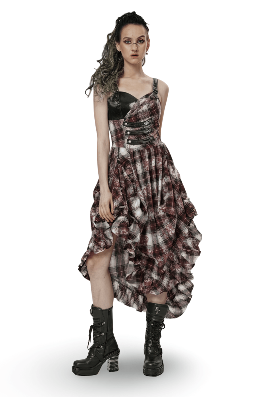 Irregular Hem Plaid Dress Adjustable Leather Straps - image 1