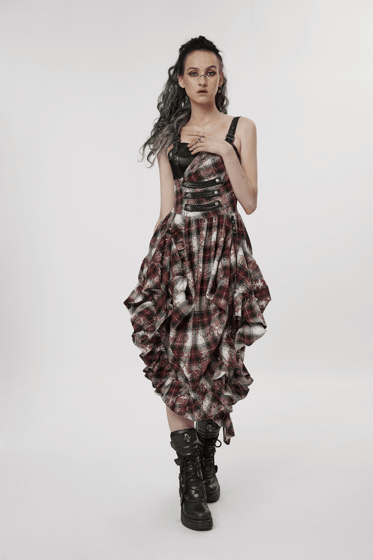 Irregular Hem Plaid Dress Adjustable Leather Straps - image 15