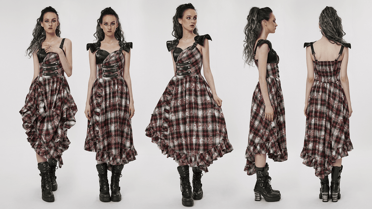 Irregular Hem Plaid Dress Adjustable Leather Straps - image 16