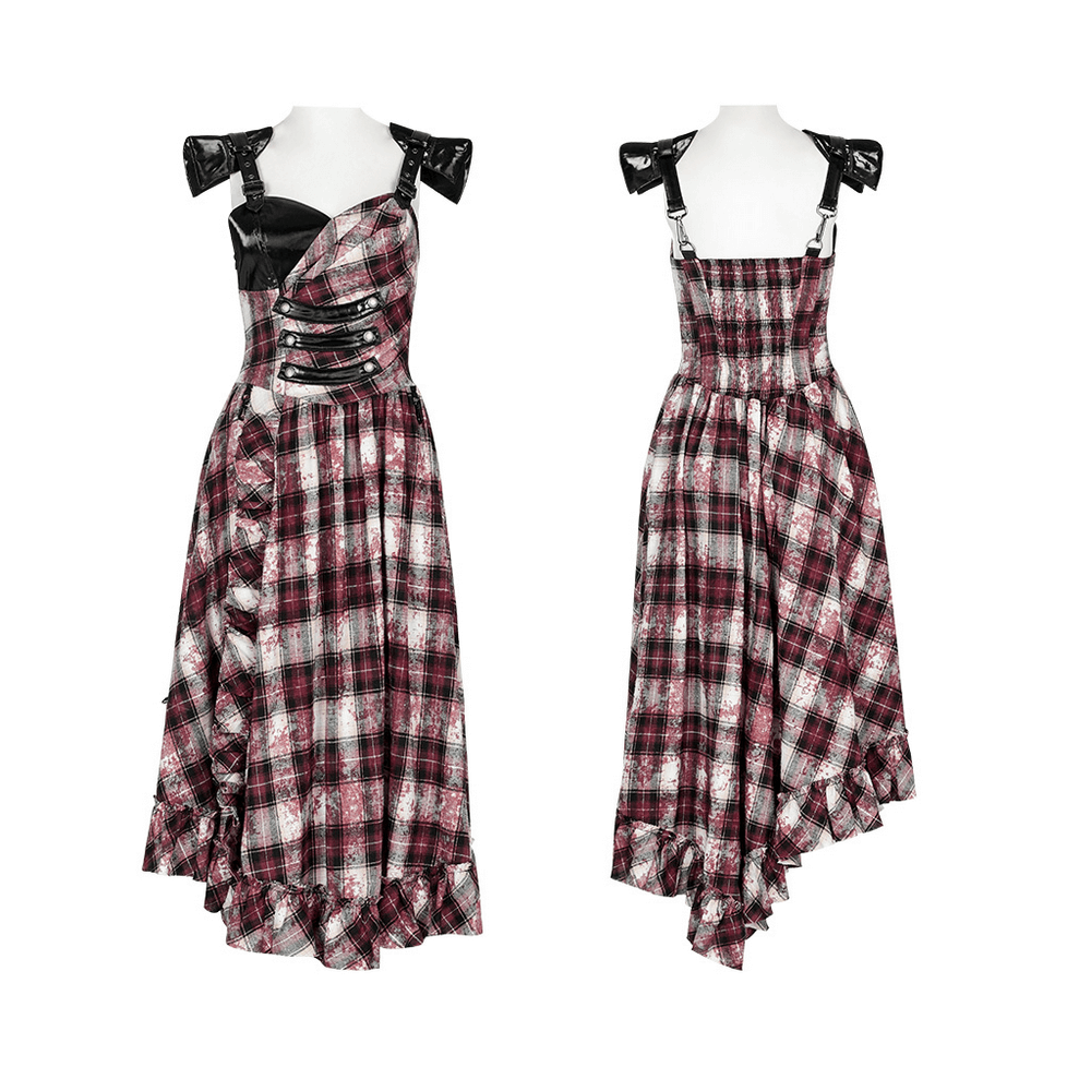 Irregular Hem Plaid Dress Adjustable Leather Straps - image 3